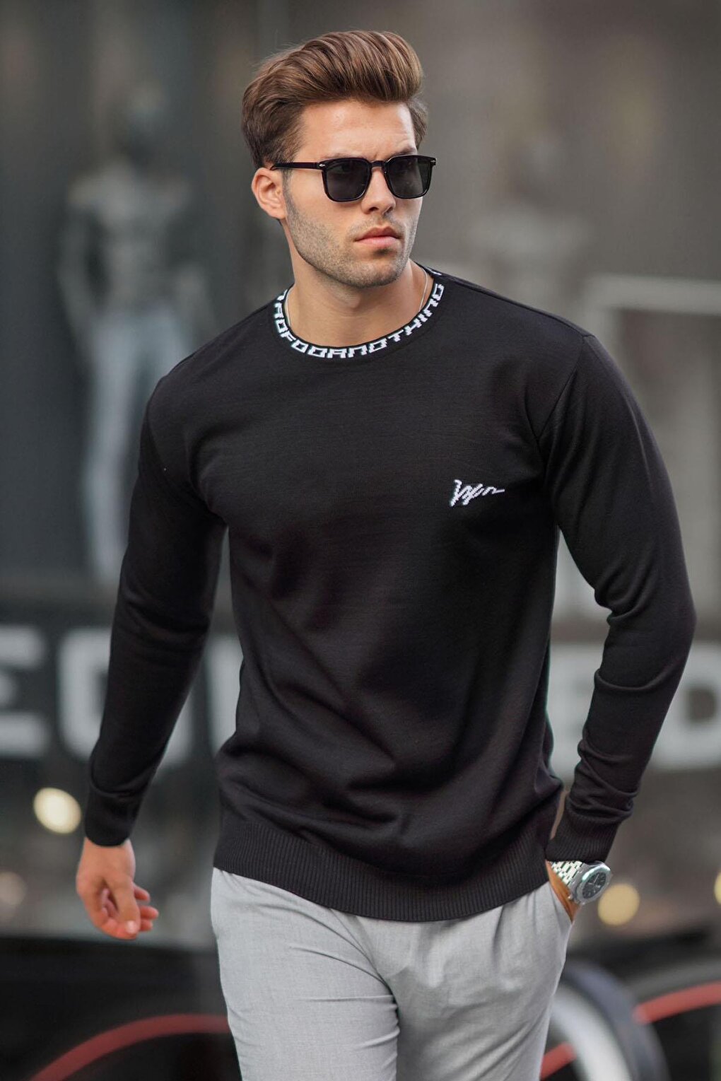 Black Crew Neck Men's Knitwear Sweater 6847