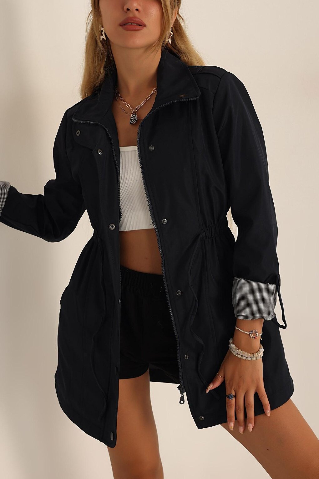 Women's Navy Blue Zippered Waist Drawstring Sleeve Cuffed Trench Coat