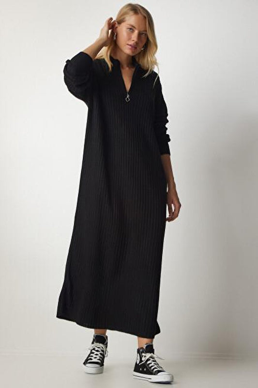 Women's Black High Collar Zipper Detailed Corduroy Knitwear Dress