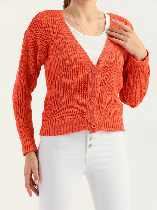 Orange Thessaloniki Knitted Buttoned Women's Cardigan