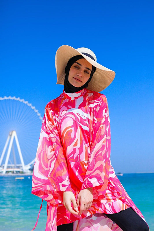 Patterned Fuchsia Full Covered Hijab Swimsuit M2322