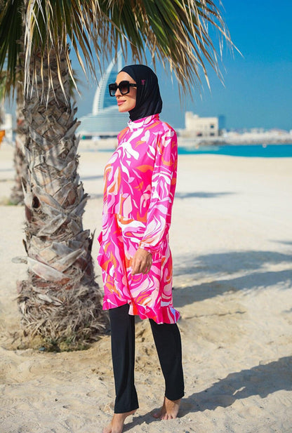 Patterned Fuchsia Full Covered Hijab Swimsuit M2322