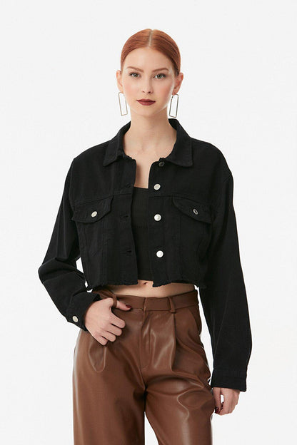 Crop Gabardine Jacket with Tasseled Hem