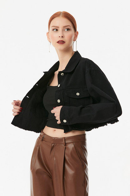 Crop Gabardine Jacket with Tasseled Hem