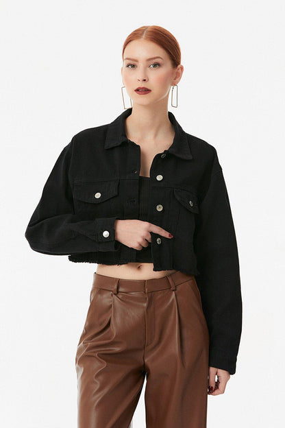 Crop Gabardine Jacket with Tasseled Hem