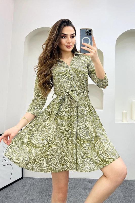 Shawl Pattern Belted Shirt Dress