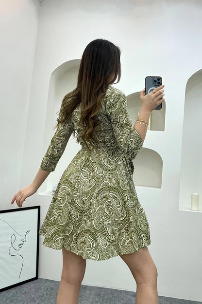 Shawl Pattern Belted Shirt Dress