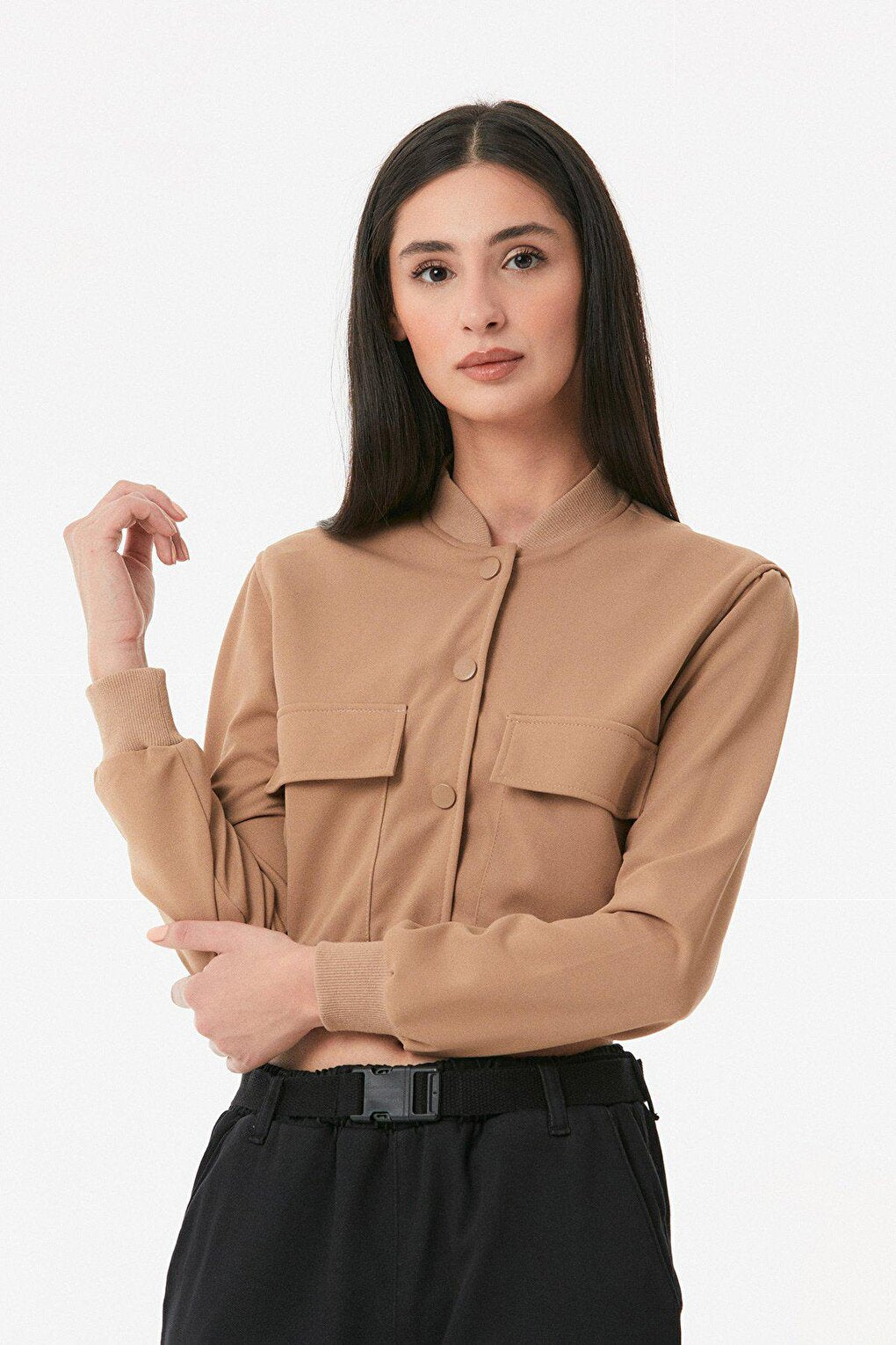 Snap Fastener Double Pocket Crop Jacket