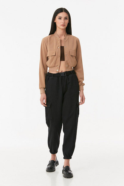 Snap Fastener Double Pocket Crop Jacket