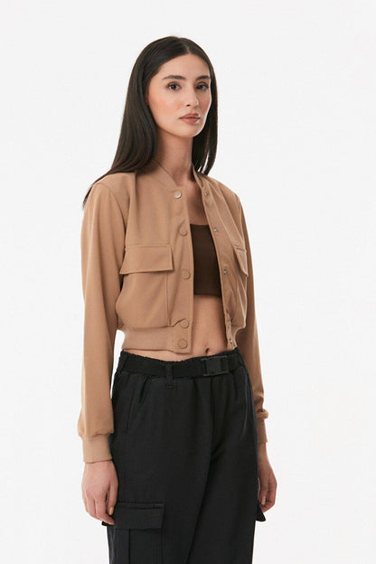 Snap Fastener Double Pocket Crop Jacket