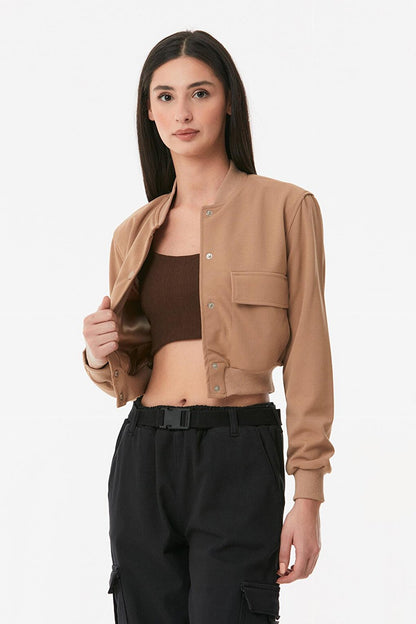 Snap Fastener Double Pocket Crop Jacket