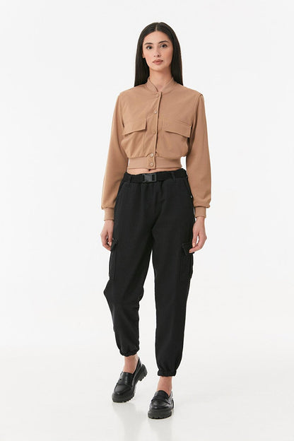 Snap Fastener Double Pocket Crop Jacket