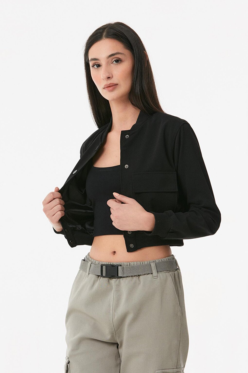 Snap Fastener Double Pocket Crop Jacket