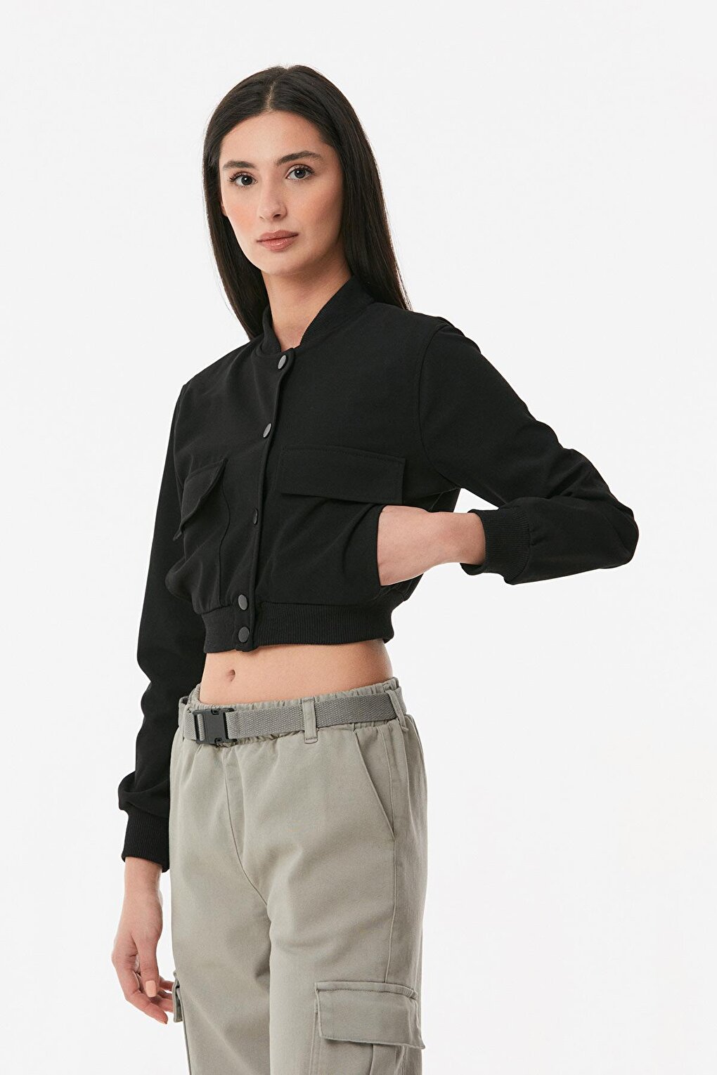 Snap Fastener Double Pocket Crop Jacket