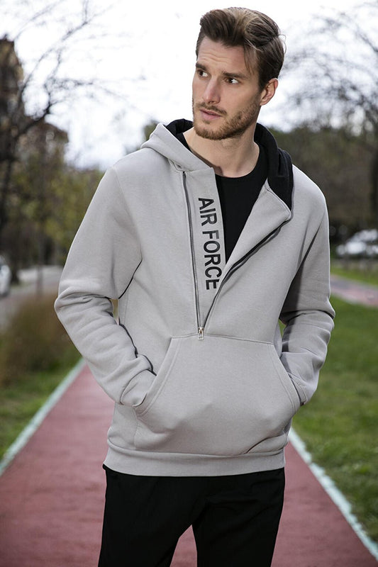 Kangaroo Pocket Zippered Hooded Collar Slim Fit Sweat 575707