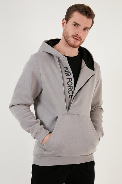 Kangaroo Pocket Zippered Hooded Collar Slim Fit Sweat 575707