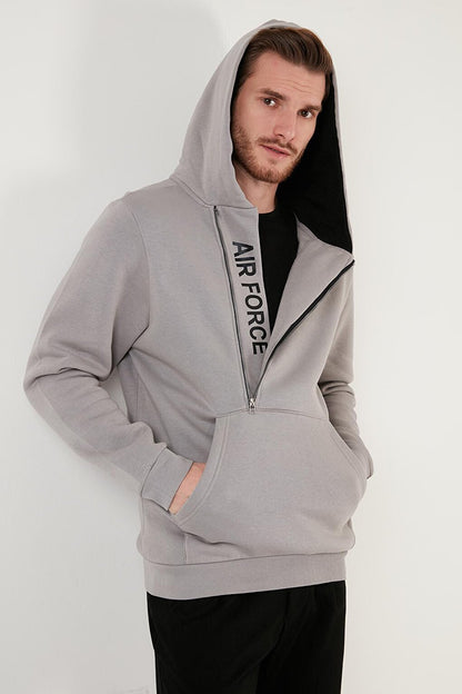 Kangaroo Pocket Zippered Hooded Collar Slim Fit Sweat 575707