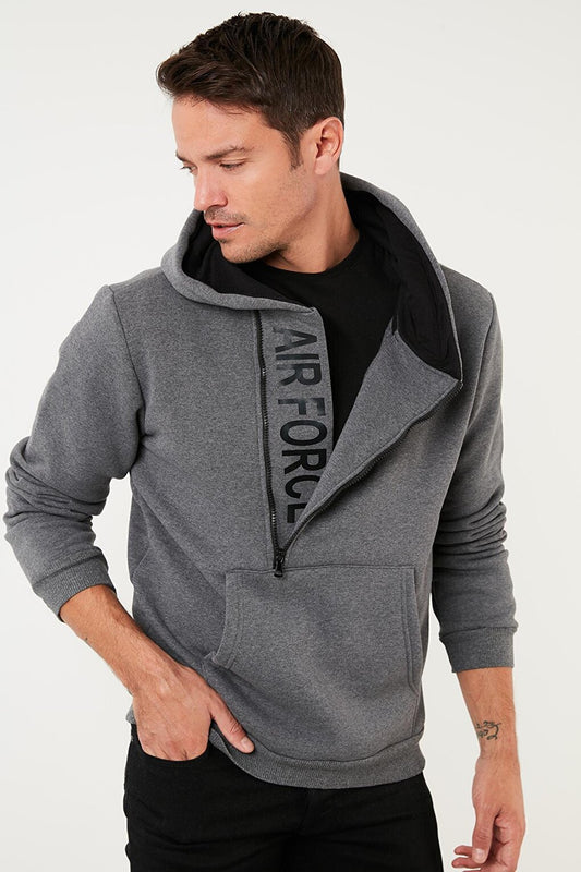 Kangaroo Pocket Zippered Hooded Collar Slim Fit Sweat 575707