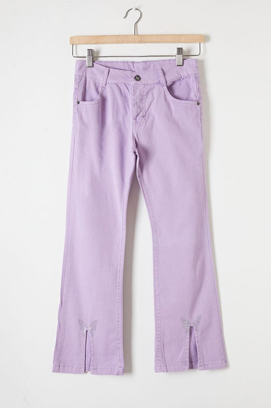 Lilac Flare Slit Butterfly Embroidered Girl's Trousers 16212