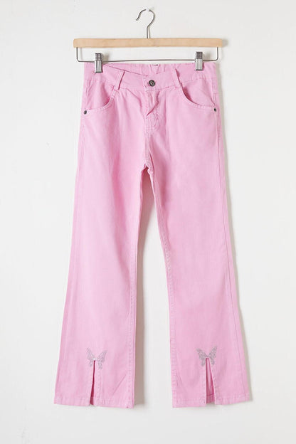 Powder Pink Flare Slit Butterfly Embroidered Girl's Trousers 16213