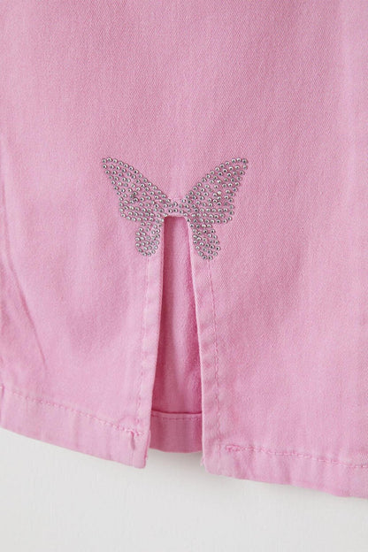 Powder Pink Flare Slit Butterfly Embroidered Girl's Trousers 16213