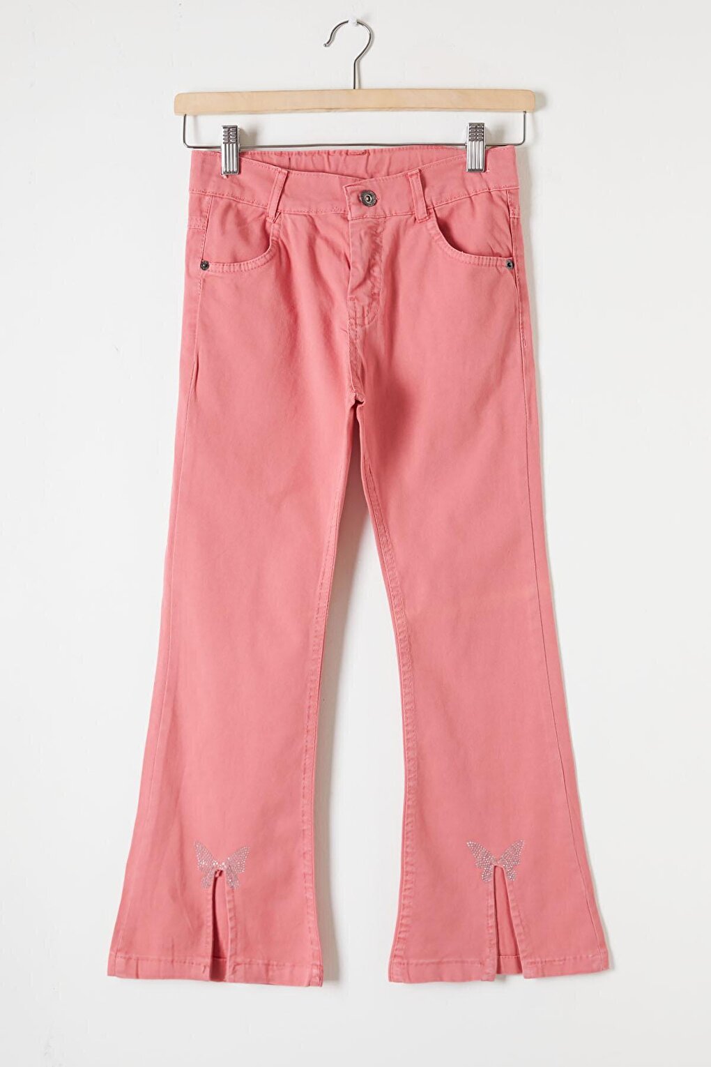 Pink Flare Slit Butterfly Embroidered Girl's Trousers 16214