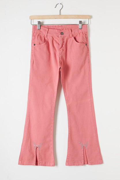 Pink Flare Slit Butterfly Embroidered Girl's Trousers 16214