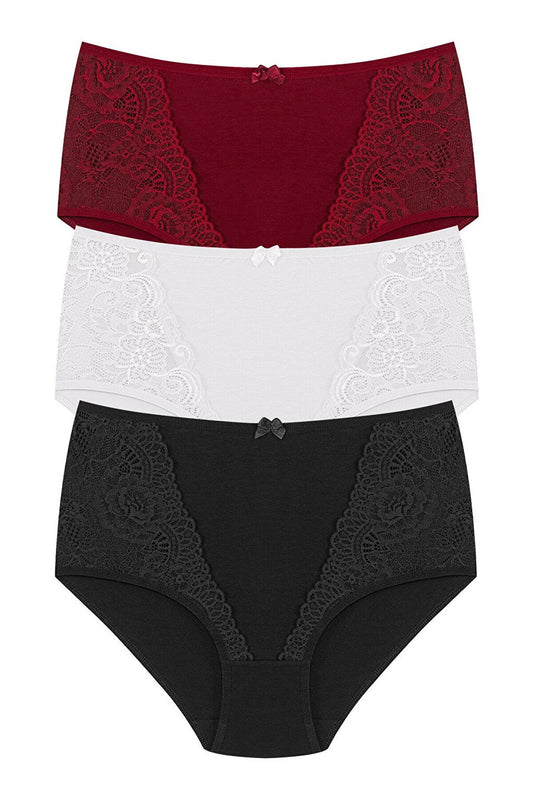 Cotton Front Lace Detail High Waist Plus Size Women's Panties 3-Piece