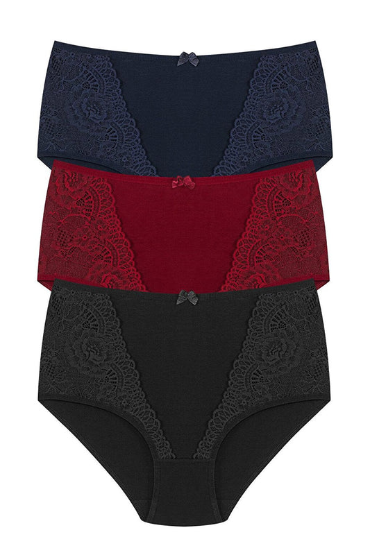 Cotton Front Lace Detail High Waist Plus Size Women's Panties 3-Piece