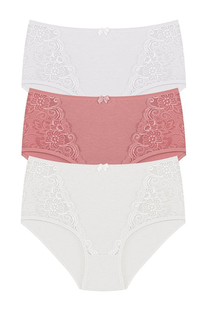 Cotton Front Lace Detail High Waist Plus Size Women's Panties 3-Piece