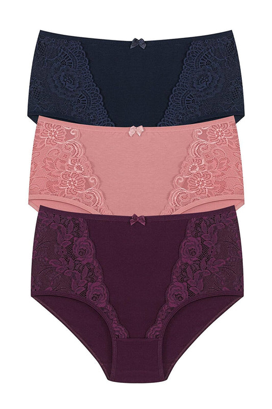 Cotton Front Lace Detail High Waist Plus Size Women's Panties 3-Piece