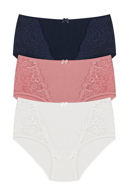 Cotton Front Lace Detail High Waist Plus Size Women's Panties 3-Piece