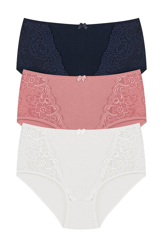 Cotton Front Lace Detail High Waist Plus Size Women's Panties 3-Piece