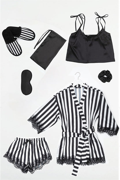 7-Piece Black-White Striped Satin Athlete Shorts Set