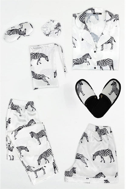 7-Piece Zebra Patterned White Satin Pajama Set