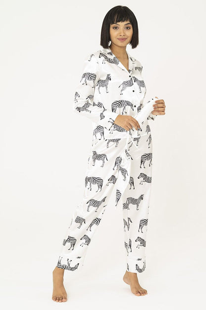 7-Piece Zebra Patterned White Satin Pajama Set