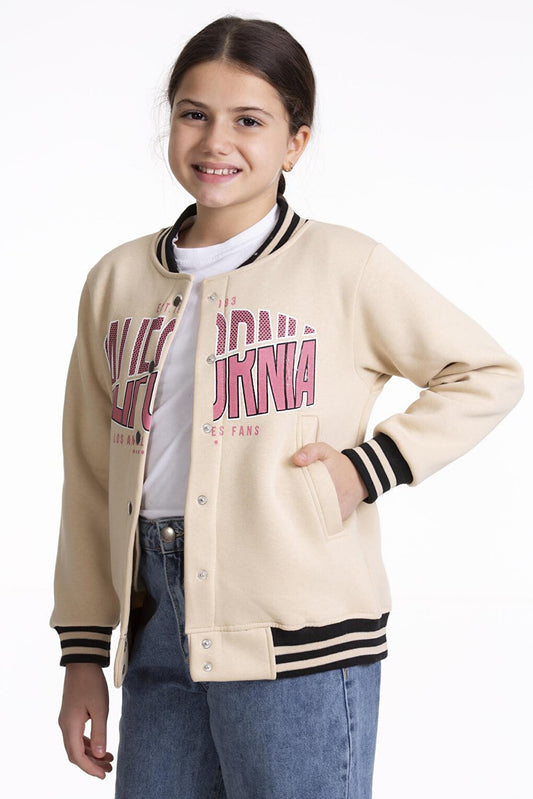 Girl's College Jacket California Printed Buttoned Snap Fastener Bomber Jacket AK2511337