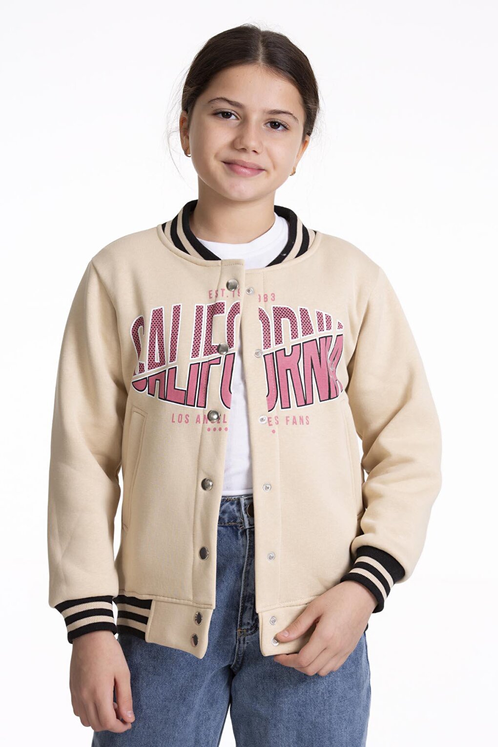 Girl's College Jacket California Printed Buttoned Snap Fastener Bomber Jacket AK2511337