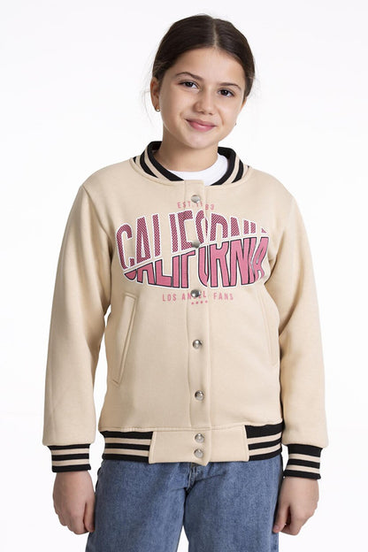 Girl's College Coat California Printed Button-Up Snap Bomber Jacket AK2511337