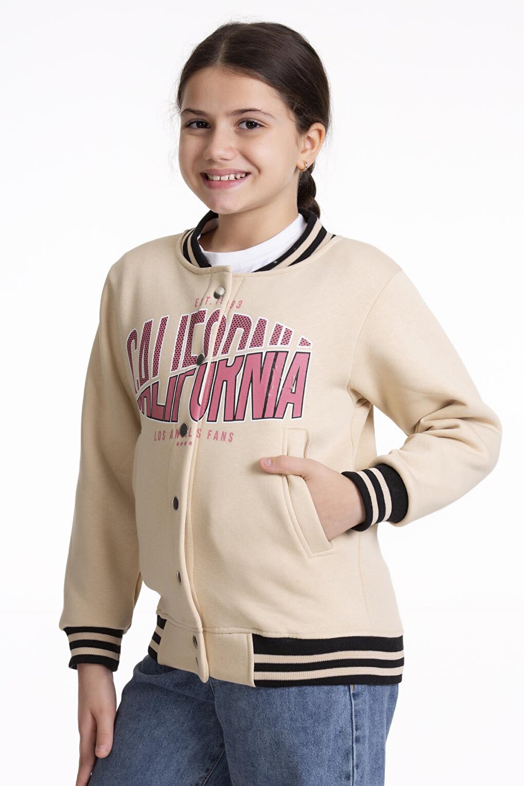 Girl's College Jacket California Printed Buttoned Snap Fastener Bomber Jacket AK2511337