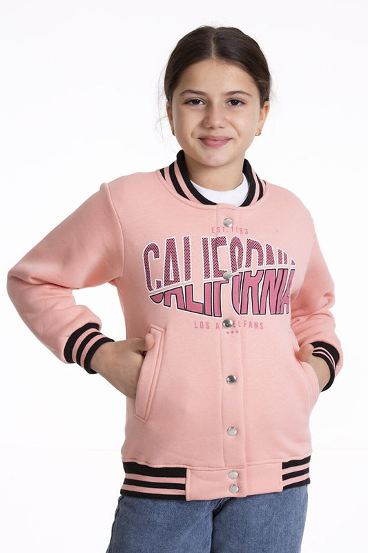 Girl's College Jacket California Printed Buttoned Snap Fastener Bomber Jacket AK2511337