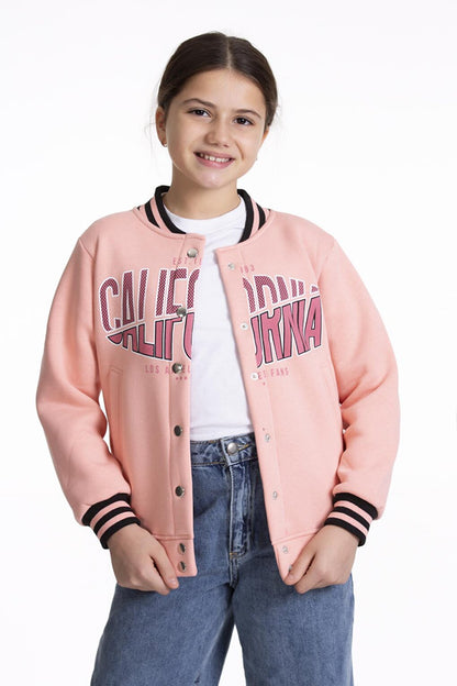 Girl's College Jacket California Printed Buttoned Snap Fastener Bomber Jacket AK2511337