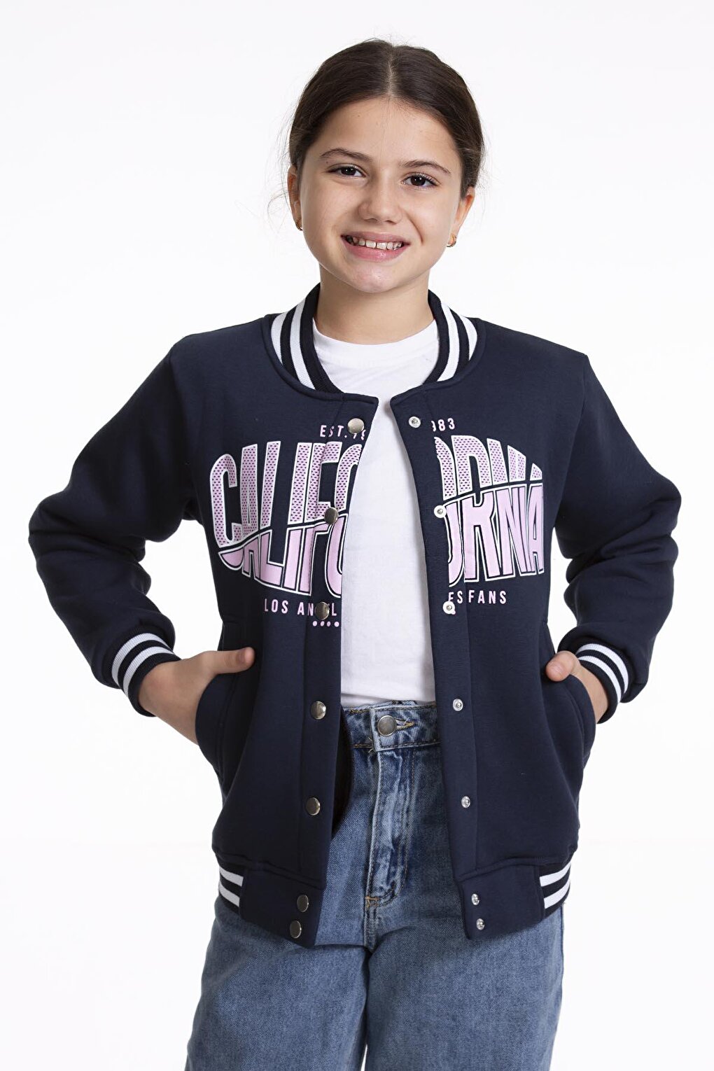 Girl's College Coat California Printed Button-Up Snap Bomber Jacket AK2511337