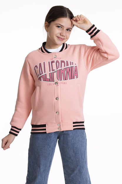 Girl's College Coat California Printed Button-Up Snap Bomber Jacket AK2511337