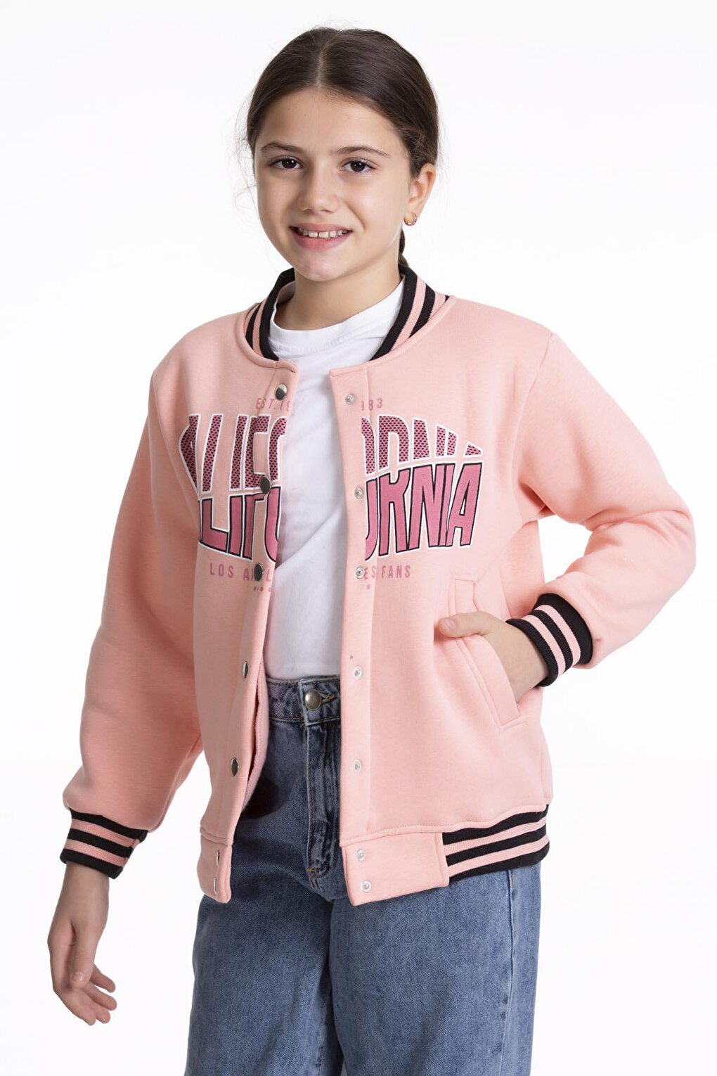 Girl's College Jacket California Printed Buttoned Snap Fastener Bomber Jacket AK2511337