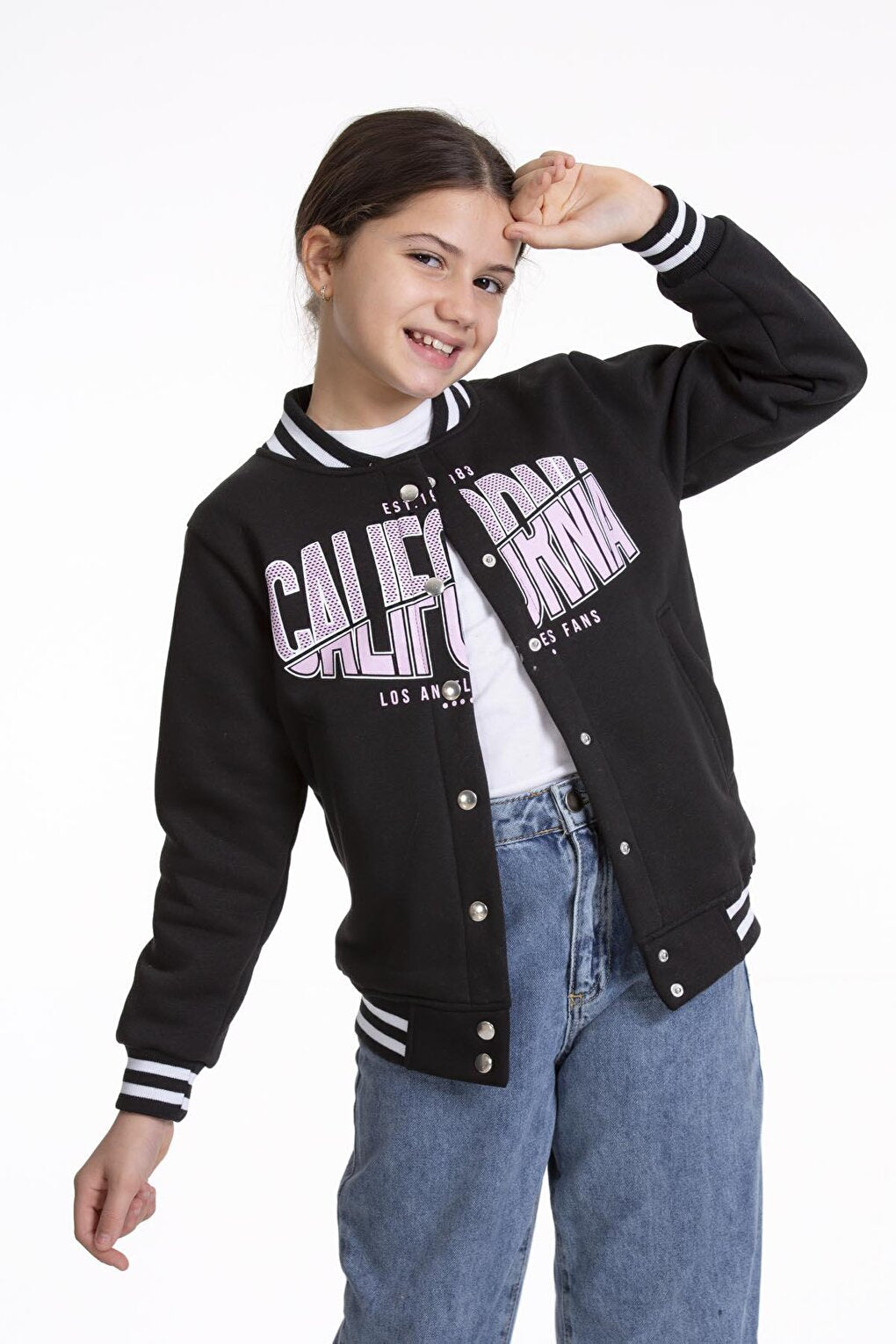 Girl's College Jacket California Printed Buttoned Snap Fastener Bomber Jacket AK2511337