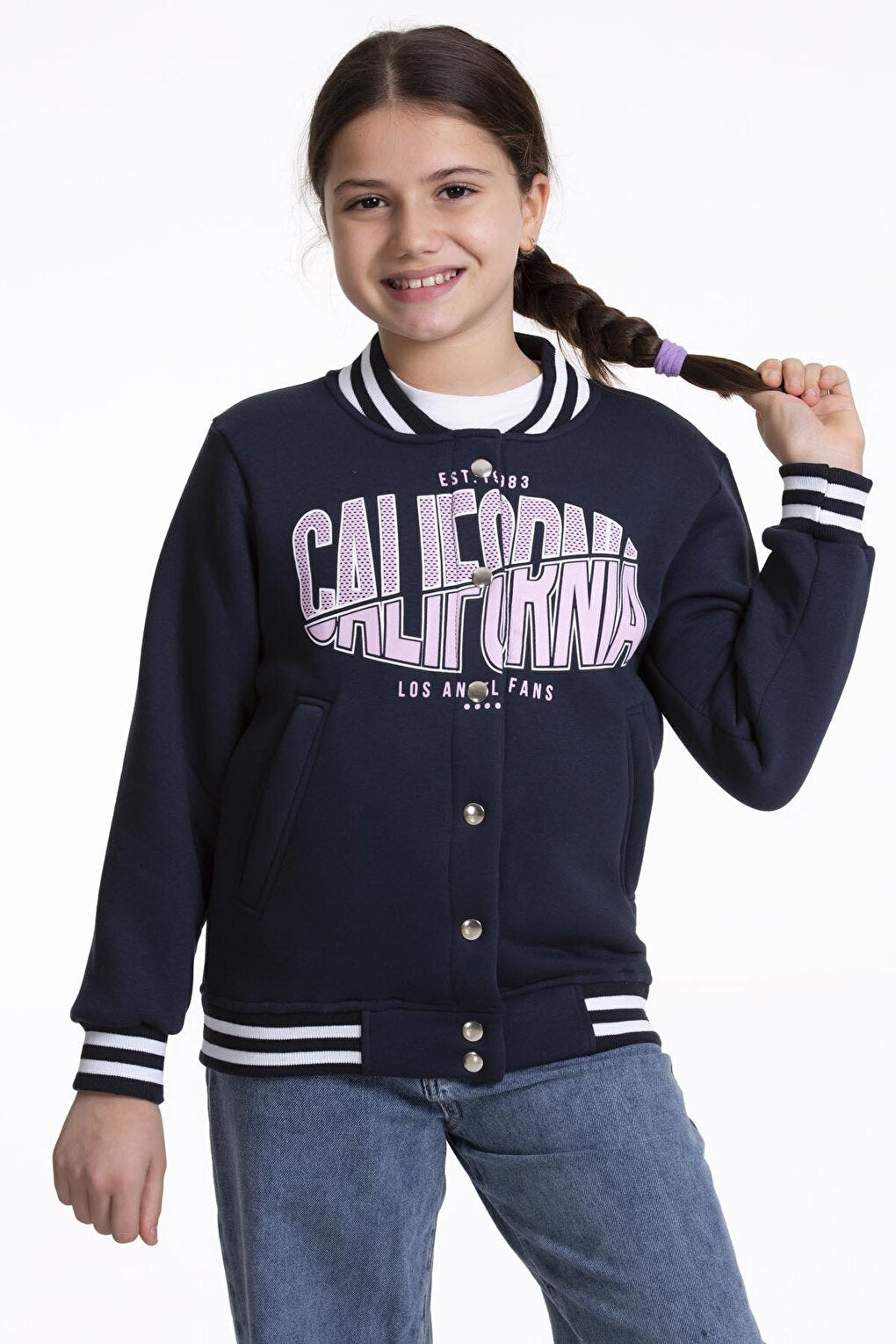 Girl's College Jacket California Printed Buttoned Snap Fastener Bomber Jacket AK2511337