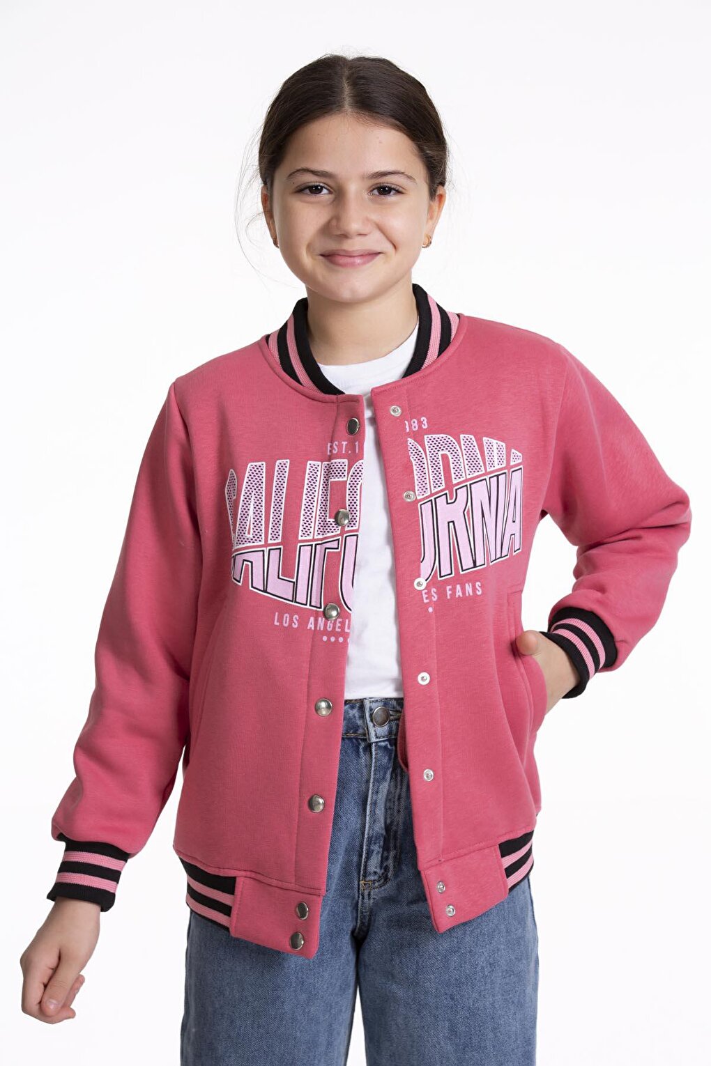 Girl's College Jacket California Printed Buttoned Snap Fastener Bomber Jacket AK2511337