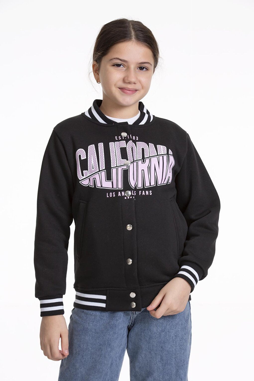 Girl's College Coat California Printed Button-Up Snap Bomber Jacket AK2511337