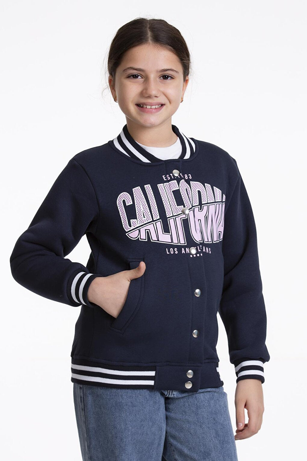 Girl's College Coat California Printed Button-Up Snap Bomber Jacket AK2511337